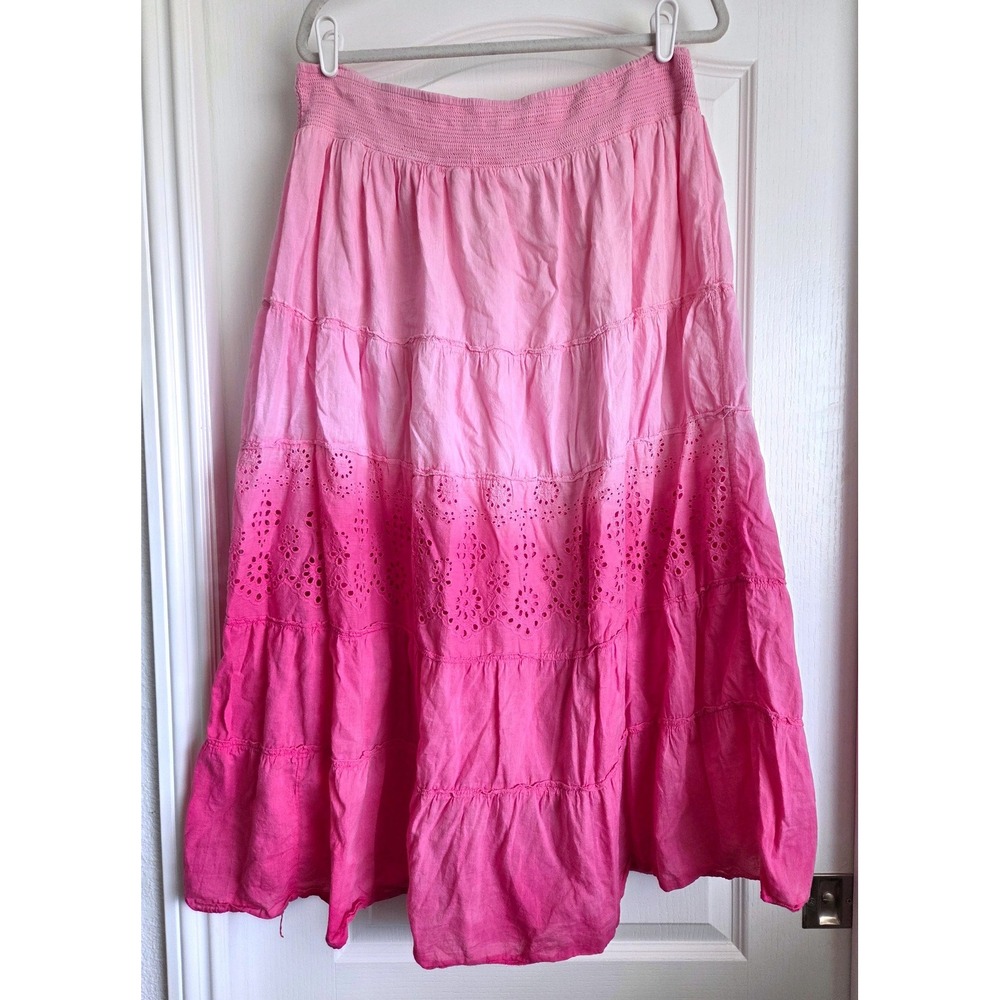 CW Classics Pink Ombre Tiered Eyelet Cotton Maxi Broom Skirt Sz 1X Boho Festival